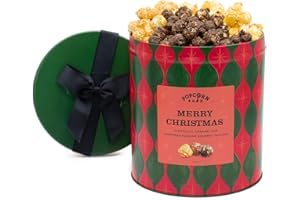 Popcorn Shed Merry Christmas Gourmet Popcorn Gift Tin, Ultimate Foodie Xmas Gift, Three Delicious Popcorn Flavours, Gluten Free, Vegetarian Gift, Red & Green, 400g
