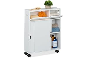 Relaxdays Carrito Auxiliar Estrecho, Puertas Correderas, 67 x 17 x 52 cm, Carro Baño y Cocina, con Mango, MDF, Blanco, Plástico, Tablero de Fibras