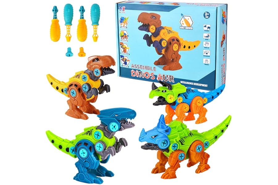 Lekebaby Take Apart Dinosaur, 4-Pack DIY Dinosaur Toys with Drills,Dinosaur Gifts for Boys Girls 3 4 5 Years Old and Up