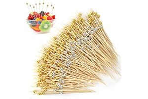Toivize 300 Stück Cocktailspieße, Holz Cocktail Sticks Obstspieße Partyspieße mit Goldene Perle Silber Perle Bambus Spieße für Cocktails, Fingerfood und Partydekoration, 12.5cm
