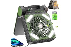 Clemas Ventilateur de camping à énergie solaire avec lumières – Ventilateur de refroidissement extérieur alimenté par batterie – 10 000 mAh 10 400 mAh – Ventilateur de tentes rechargeable pour la