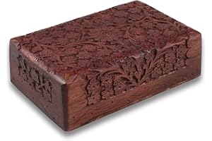 Handy Kala Wooden Box - Sheesham Wood Handmade Jewellery Box with Lid, Velvet Interior, Floral Carving Detail, Brass Inlay-Storage Box for Crystals, Jewels, Trinket, Charms, Valuables(Large, Carving)