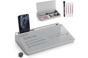 TOWON Small Glass Desktop Whiteboard with Storage – 30 x 17 cm Dry Erase Board for Desk, Home Office, School | Includes 5 Markers, Eraser & Holder | Space-Saving Organizer, Aesthetic Grey Design