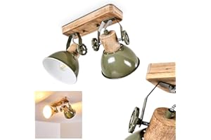 HOFSTEIN Lámpara de techo Orny, lámpara de techo de metal/madera en verde/blanco/marrón, 2 luces, con focos ajustables, 2 x casquillo E27, foco de diseño retro/vintage, sin bombilla(s)