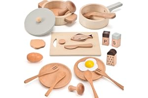 Atoylink Accessoires de Cuisine en Bois pour Enfants 21PCS Ustensiles de Cuisine Casseroles et Poêles Cuisine Jouet Dinette Jouet en Bois Jeu éducatif Cadeau pour Garçon Fille 3 4 5 6 Ans