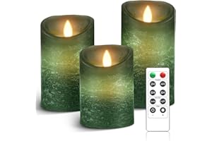 AnnSpa 3 Set Grün LED Kerzen Batteriebetriebene mit Fernbedienung，Flammenlose Echtes Wachs Flackern Moving Wick Flackern Amber Yellow Light Pillar Candles，Unscented Wachs für Geschenk/Dekoration