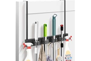 Ankila Over the Door Broom Holder, Mop Holder Door Mount, Hanging Broom Holder Over the Door with 4 Racks & 2 Hooks, Wood Broom Hanger Storage, Laundry Tool Organizer for Closet Garage (Black)