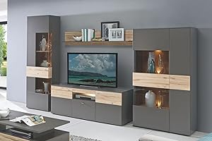 FORTE MÖBEL Forte Como Wohnwand 320, Moderne Wohnwand mit 5 Türen, 1 Schublade, Schrankwand, Holzwerkstoff, Uni Wolfram Grau/Stabeiche Holzdekor, 319,3 cm breit x 203,3 cm hoch x 52 cm tief