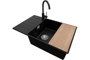 Evier Cuisine en Granit Noir 78x50cm, Lavabo 1 bac + Kit de Vidage + Robinet + Planche à Découper, Évier à Encastrer au meuble 60cm - Copenhague Top de Primagran