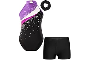 ranrann Enfant Fille Justaucorps Gymnastique Brillant avec Short Tenue Patinage Artistique Danse Strass Costume Dancewear 5-16 Ans