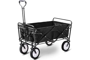 Alivio Heavy Duty Folding Wagon Cart, Collapsible Outdoor Garden Trolley with Adjustable Handle for Holiday, Shopping, Outdoor, Camping, Garden, Beach (Black)