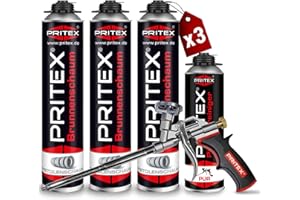 PRITEX – Brunnenschaum Set 3 x 750 ml Pistolenschaum inkl. Pistolenreiniger 500 ml Schaumpistole – Bauschaum zur Montage von Brunnenschachtringen & Rohrelementen