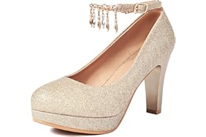 XIEWANG Women's Wedding Shoes Platform High Heels Court Shoes Ankle Strap Glitter Rhinestone Block Heel Pumps