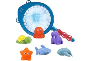 WolinTek 7 Pezzi Giocattoli da Bagno per Bambini,Giochi Bagnetto con Animale da Oceano,Animali Galleggianti,Gioco di Pesca dei Bambini Vasca da Bagno Educativi per Ragazze dei Neonati