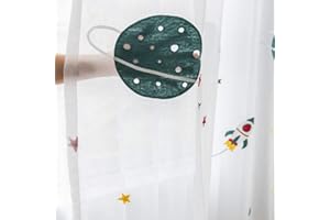 Lsimeru Planet Vorhang Kinderzimmer Junge Kräuselband Transparent Rakete Sterne Muster Gardinen Vorhänge Durchsichtig Kinder Dekoschal 140x160 Kurz für Fenster Schlafzimmer