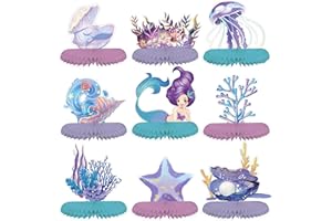 MTBRICEY 9 Pcs Ocean Sea Animal Honeycomb Centerpieces,Sea World Animal Theme Party Decoration,Ocean Themed Marine Creature Table Decorations,Shell Mermaid Shaped Table Honeycomb for Kids Birthday Baby Shower