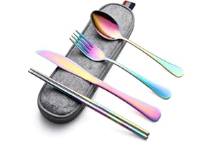 DEVICO Camping Cutlery Set for 1, Portable Travel Utensils Set with Case, Reusable Stainless Steel Knife Fork Spoon Chopsticks for Work Lunch Picnic School, Dishwasher Safe (Rainbow)