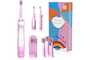 CHAIN PEAK Brosse à dents électrique dinosaure, brosse à dents sonique pour enfants de 3 à 12 ans avec rappel des 30 secondes, minuterie 2 minutes, 5 modes, 4 têtes, rechargeable, support mural