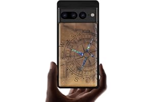 Carveit Carcasa de Madera Compatible con Google Pixel 7 Pro Funda [Grabado en Madera e incrustación de mejillones] Obra de Arte única Accesorios para Pixel 7 Pro Carcasa (Nogal-Brújula)