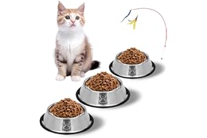 MYTHOSURGE 3 Pezzi Ciotola per Gatti + Giochi per Gatti, Ciotola per Cibo per Gatti in Acciaio Inossidabile, Tappetino Silicone Antiscivolo, Ciotole Gatto (argentato, 3 confezioni)