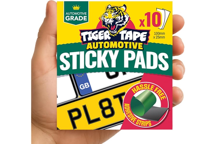 Tiger Tape® Number Plate Sticky Pads. Automotive Grade Heavy Duty, Extra Strong Double Sided Adhesive for Vehicle Number Plates, Licence Plates, Car Registration, Mounting Tape – 10 Strips