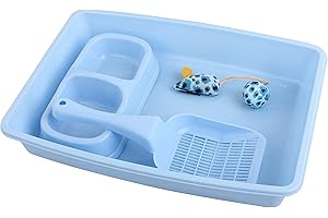 PAWISE Lo starter kit per gatti Kitty include 4 pezzi: lettiera per gatti, paletta per lettiera, ciotole per gatti, giocattolo per gatti, 37 x 26 cm, blu