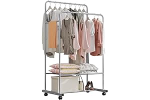 Isyunen Stand Appendiabiti in Acciaio Autoportante Canne Doppie MultifunzionalePorta Abiti con Ruote Tubo Rivestito in Acciaio Inossidabile-Argento