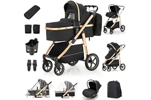 Zkiprm 3-in-1 Baby Stroller Travel System, Pram and Car Seat Combo, Update Pushchair with Double-Strap Bag and Height-Adjustable Handle, Solid Aluminum Frame for Newborns 0-4 Years Black