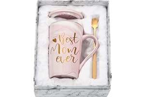 Livole Christmas Gifts for Mum, Mom, Her, Women, Wife, Best Mom Ever Coffee Cup, New Mum Gifts, Mum Birthday Presents from Daughter, Son, 14oz Pink Ceramic Coffee Tea Mug with Lid, Spoon, Gift Box