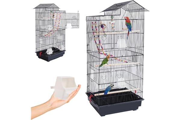 BAKAJI Cage volière pour Oiseaux, perroquets inséparables, calopsite, perruches, volatiles, en métal et Bois Noir avec Jouets, Accessoires, Cage avec échelle et bac Amovible