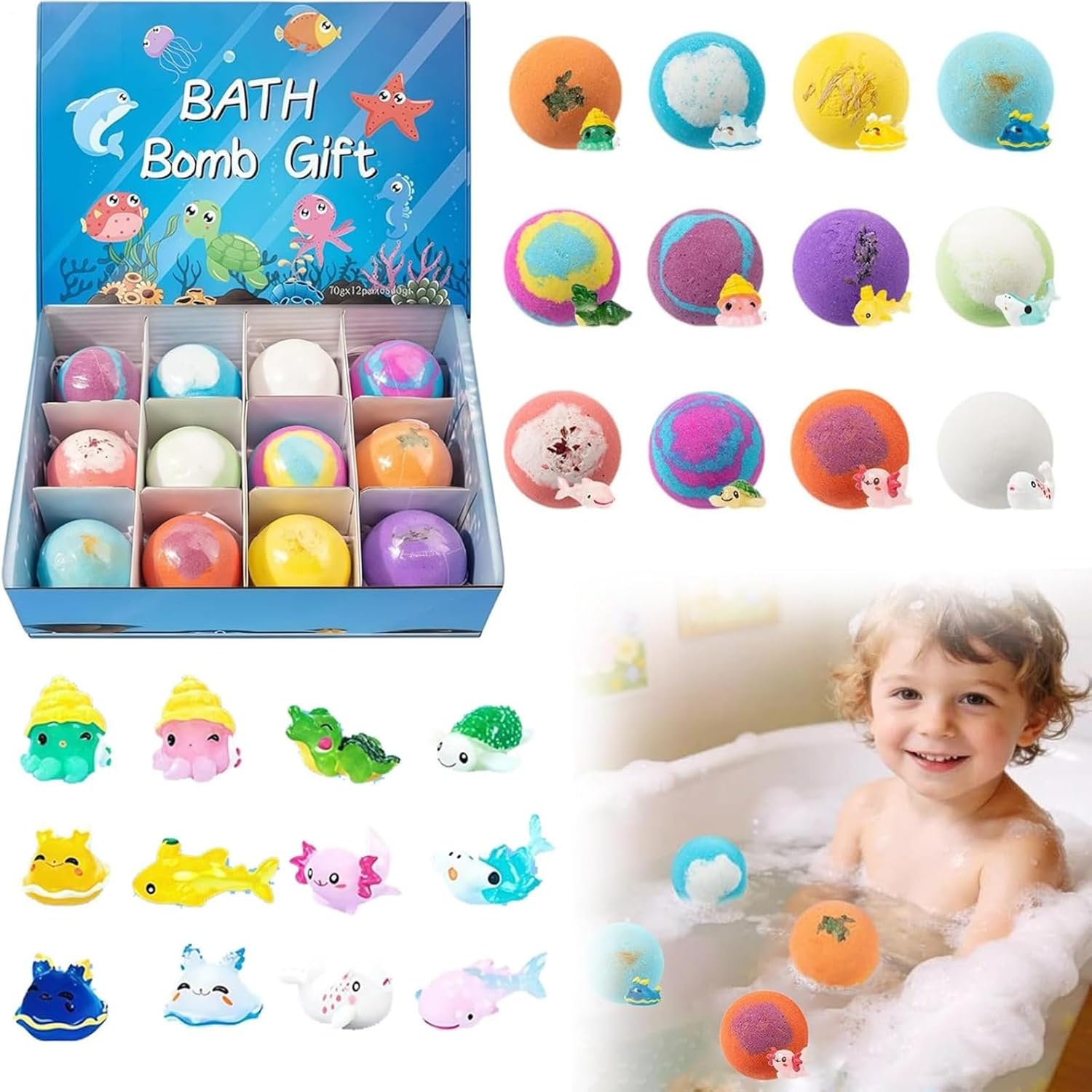 12 Bombas De Baño para Niños con Juguetes En Su Interior, Bombas De Baño Efervescentes Sorpresas para Niños Y Niñas, Bombasbaño Orgánicas Naturales con Juguetes De Tierra Y Mar, Alivian La Fatiga