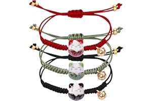 Yolev 3 Pezzi Braccialetto Gatto Fortunato Simpatico Braccialetti di Perline in Ceramica Bracciale Portafortuna Gatto Braccialetti Portafortuna della Fortuna con Campana Regolabile Donna