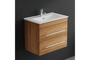 ALPENBERGER GERMANY Alpenberger Badmöbel Set mit Waschbecken | Badschrank mit 2 Schubladen | Hängeschrank Bad | Waschtisch mit Unterschrank | Badezimmer Möbel | Waschbeckenunterschrank 60 cm Breit - Bamboo