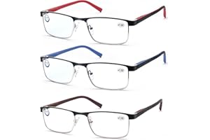 MODFANS 3 Paire de Lunettes de Lecture 2.0 Homme Anti Lumiere Bleue - Monture Rectangle en Metal Acier Inoxydable Lunettes de Vue Lunettes Loupe Bleu-Marron-Rouge