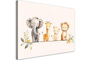 Feeby - Tableau sur Toile - Décoration pour Enfants - Afrique Animaux colorés en beige - 60x40 1partie - Tableau pour enfants - Pour la chambre enfant