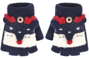 OHMILL Gant Demi Doigt Enfant Mitaines Convertibles en Tricot avec Rabat Gants pour Bébé 1-4 Ans avec Motif Renard