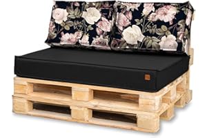 Bielik Palettenkissen 120 x 80 Set für Palettenmöbel | Wasserdicht Europaletten Sitzkissen | Palettensofa komplett besteht aus 3 Teilen in Farbe: Schwarz + Rosen