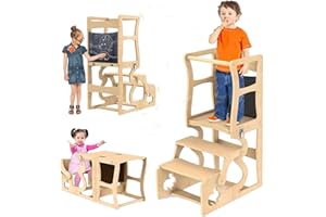 Vocpy Toddler Tower for Toddlers and Kids 1-6 Years, 3-in-1 Collapsible Step Stool Standing Tower with Chalkboard & Safety Rail & Back, Wood Kitchen Learning Helper Stool