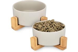 Navaris Comederos para Perros elevados - 2X Comedero de cerámica para Perro y Gatos Cachorros - con Soporte de bambú Antideslizante - en Gris
