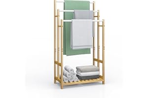 ‎DRIPEX Dripex Freistehender Handtuchhalter Bambus Höhe 96 cm Handtuchständer Badetuchhalter mit 3 Edelstahlstangen und Ablage für Badezimmer, Zuhause, Natur 96H x 46B x 24T cm (96cm)