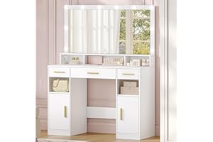 HEXCELEN Schminktisch mit Großem Spiegel, Großem Schminktisch mit Schubladen, Frisiertisch, 3 Schubladen, 2 Ablageschrank, 5 Offene Fächer, 40 × 108 × 140 cm, Weiß