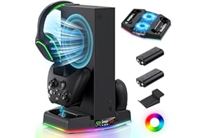 FYOUNG Cooling Stand & Charger Station for Xbox Series S, Upgrade Controller Charging Dock Accessories with 15 RGB LED Light, Cooler Fan System, 2X 1400mAh Rechargeable Battery, Headset Hook-Black