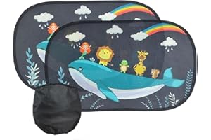 KAYRUK Pare Soleil Voiture Bébé Ventouse,2PCS Pare Brise Vitres Latérales pour Enfant,Auto Adhésifs,Sac Rangement,Protection Solaire et UV (Baleines Bleues et Animaux, 510mm*310mm)