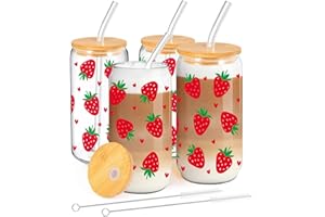 MEIMUCUL Bicchieri alla fragola con cannuccia e coperchio, 4 bicchieri Clean Girl Aesthetic con coperchio e cannuccia, bicchieri da cocktail da 500 ml, idea regalo per sorella fidanzata