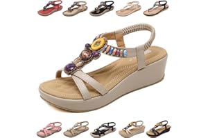 QJJQ Sandały damskie z obcasem, na lato, wygodne, eleganckie, z perłami ze strasu, boho, buty na plażę, buty rekreacyjne, płaskie sandały, rozmiar 36-42