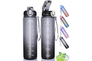 WEHERS Water Bottle, 1 Litre Sport Water Bottle with Straw, Time Marker & Lock Cover, Leak Proof, BPA Free Tritan Non-Toxic Plastic Drinking Bottle Perfect for School, Office, Gym and Outdoor Sports(Black)