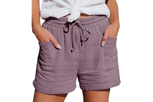 Nuoke Musselin Kurze Hose Damen 2025 Sommer Leinen Shorts Beach Hosen Mit Taschen Sommerhose Leicht Stoffhose Kleid Stretch Gerades Bein Kordelzug Leinenhose Bluse