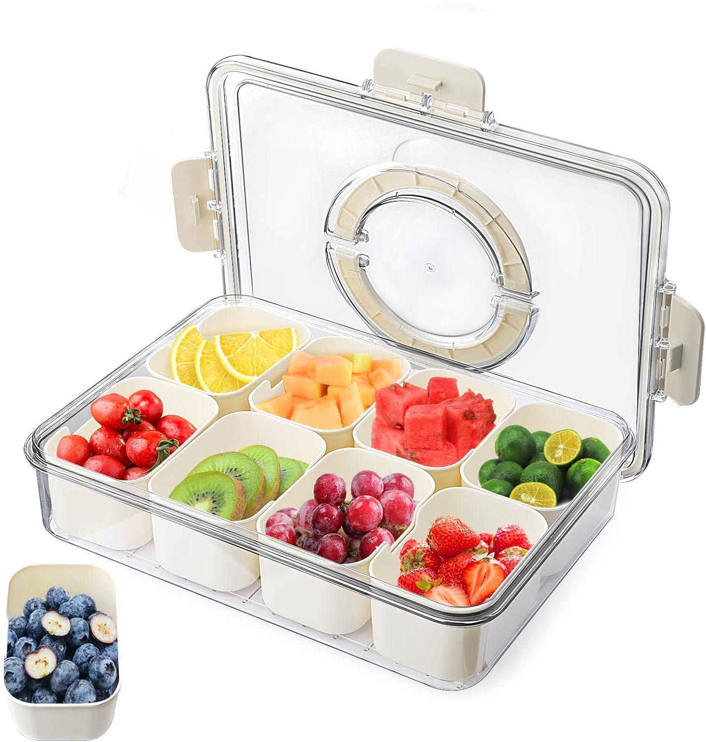 Plato para servir refrigerios, plato para refrigerios con 8 compartimentos, caja de almacenamiento para refrigerios con tapa y asa, bandeja organizadora para dulces, postres de galletas vegetales