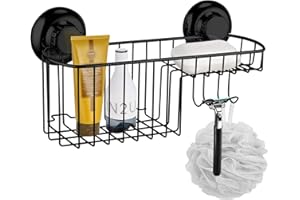 MaxHold Panier de Douche – Ventouse Système de Vide - Panier Combiné Multifonctionnel en Acier Inoxydable - Ne Rouille Jamais - Étagère de Rangement avec 2 Crochets pour Salle de Bain et Cuisine