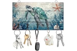 DELORIGIN Soporte para llaves con diseño de tortuga marina y océano, organizador para colgar en la pared, tablero de llaves de madera, con 5 ganchos para llaves, decoración de pared